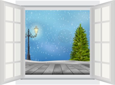 Noel ağacı ve lamba sonrası kış arka plan üzerine açık penceresi