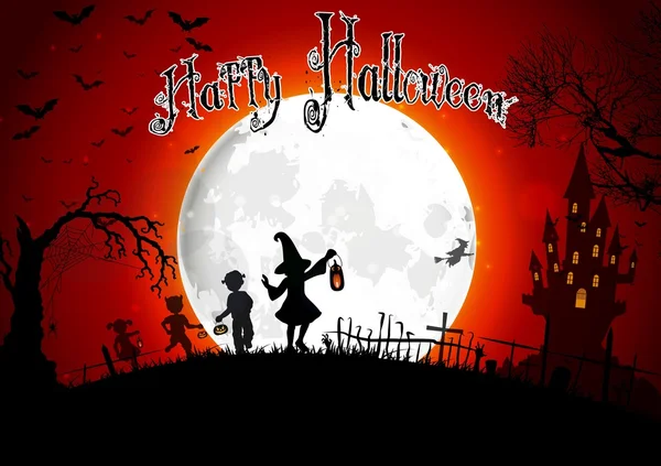 Tumba de Halloween sobre fondo de luna llena con unas niñas — Vector de stock