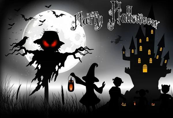 Fondo de Halloween con fantasma, casa de miedo y niñas en la luna llena — Vector de stock