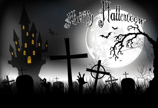 Noche de fondo de Halloween con en el cementerio y casa de miedo en la luna llena — Vector de stock