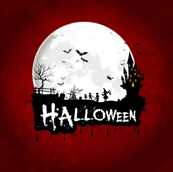 A full moon kislányok és ijesztő ház halloween poszter — Stock Vector