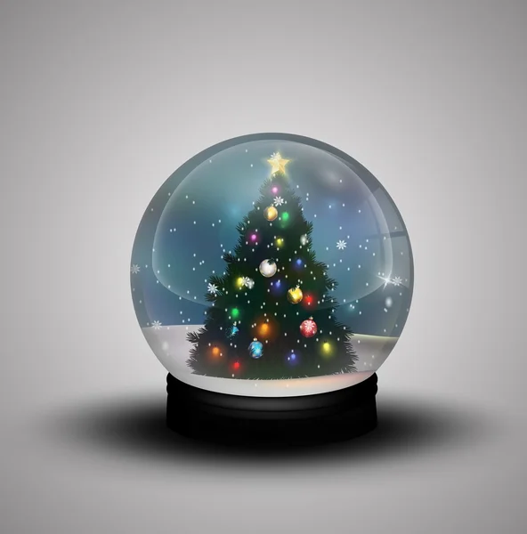 Cupola di vetro inverno con realistica sfera di neve di Natale con albero di Natale — Vettoriale Stock