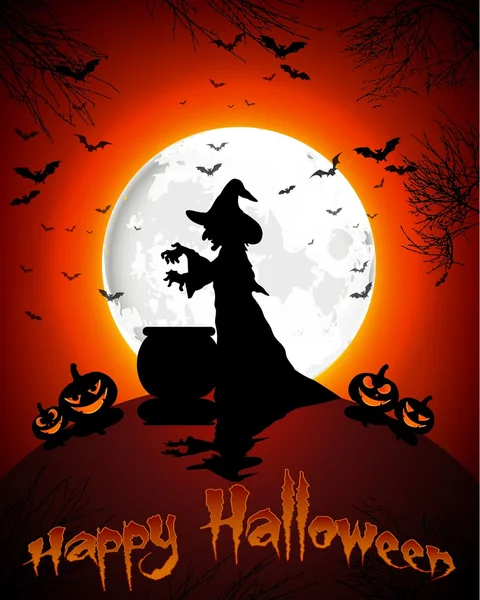Happy Halloween background with witch and pumpkins on the full moon — Stock Vector