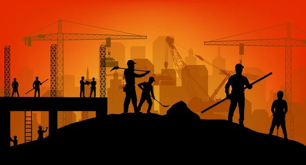 Construction worker silhouette at work background — Stock Vector