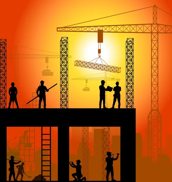 Construction worker silhouette at work background — Stock Vector