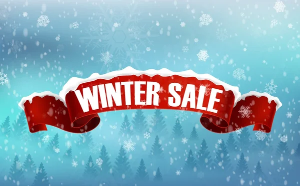 Inverno vendita sfondo con rosso realistico nastro banner e neve — Vettoriale Stock