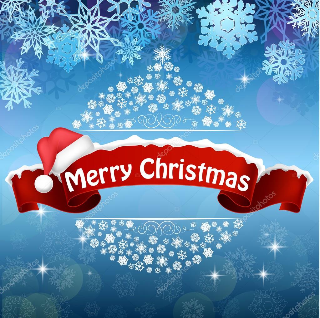 Illustration of Merry Christmas celebration background with red realistic ribbon banner hat