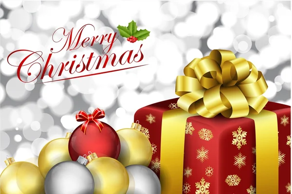 Caja de regalo de Navidad y bolas con adornos fondo borroso — Vector de stock