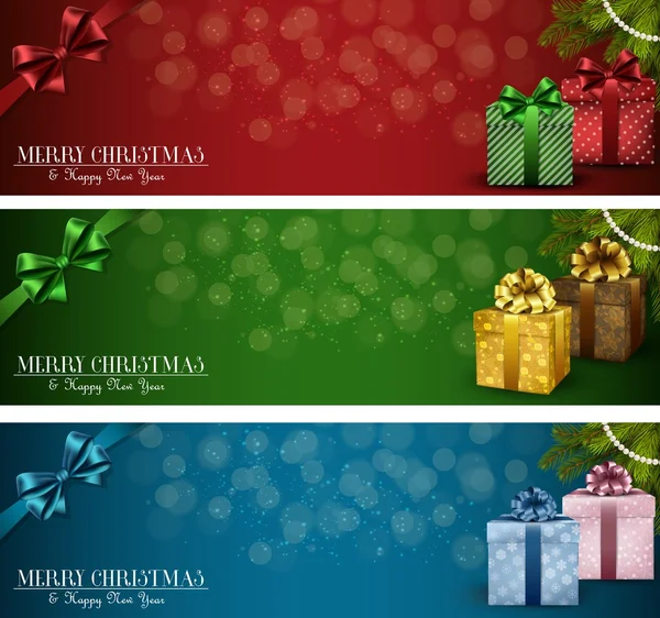 Conjunto de banners de Natal de inverno com caixas de presente e fita — Vetor de Stock