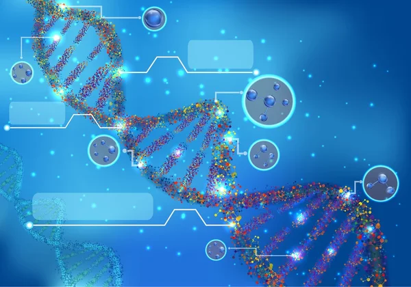 Resumen Concepto de bioquímica con molécula de ADN sobre fondo azul — Vector de stock