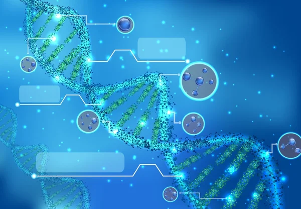 Resumen Concepto de bioquímica con molécula de ADN sobre fondo azul — Vector de stock