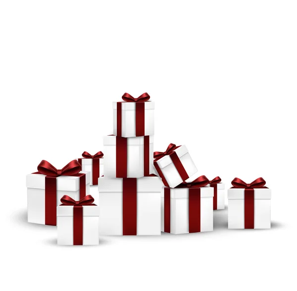 Aantal geschenkdoos met rood lint boog en tag geïsoleerd op witte achtergrond — Stockvector