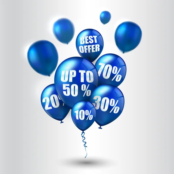 Balões azuis e descontos em fundo branco — Vetor de Stock