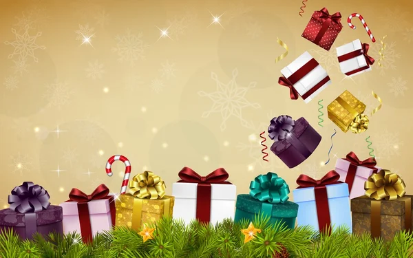 Frohe Weihnachten Hintergrund mit Geschenkboxen, Luftballons, Bonbons und Tanne — Stockvektor