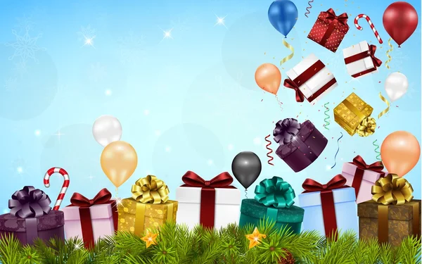 Frohe Weihnachten Hintergrund mit Geschenkboxen, Luftballons, Bonbons und Tanne — Stockvektor