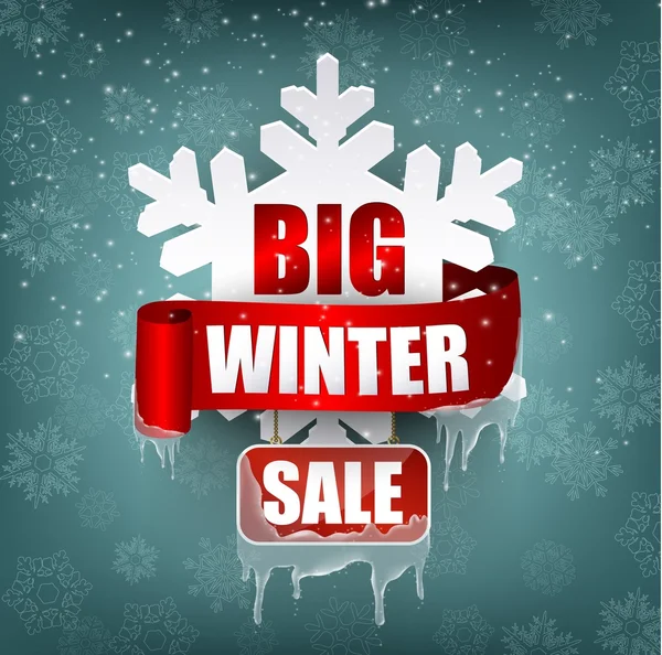 Inverno vendita sfondo con rosso realistico nastro banner e albero silhouette bianco — Vettoriale Stock