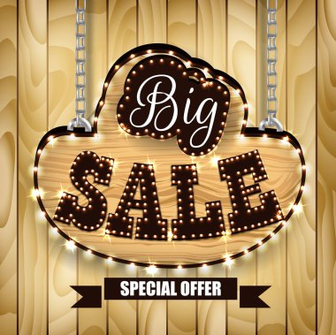 Retro Tasarım poster ahşap arka plan üzerinde büyük Satılık