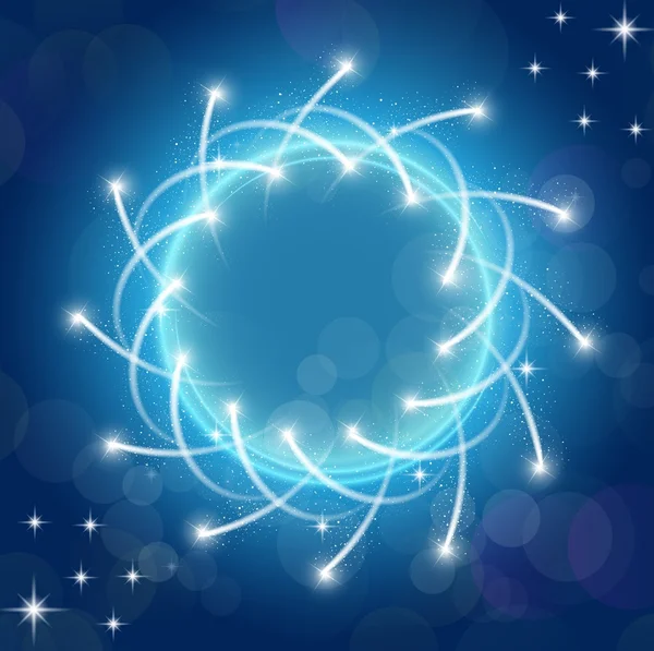 Sparkles fundal albastru cu stele cadru rotund — Vector de stoc
