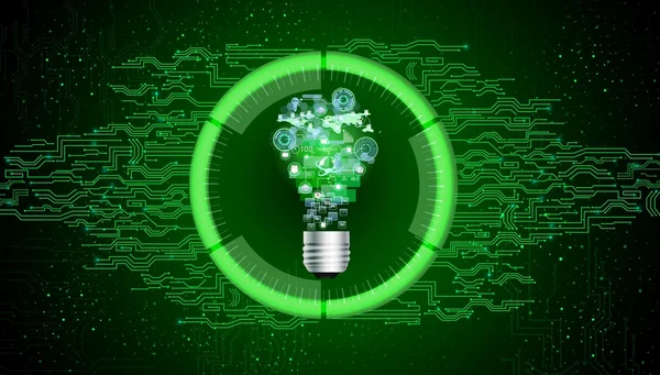 緑の抽象的な技術の背景上の電球 — ストックベクタ