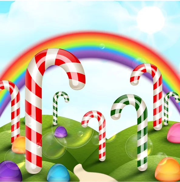 Candy jardim fundo com arco-íris — Vetor de Stock