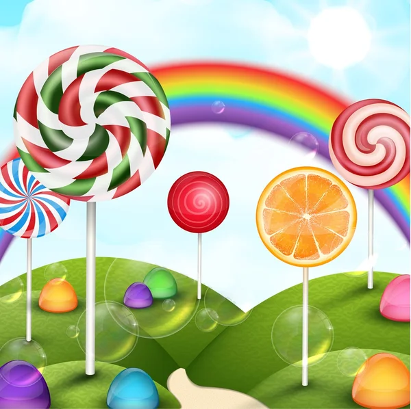 Sfondo giardino di caramelle con arcobaleno — Vettoriale Stock