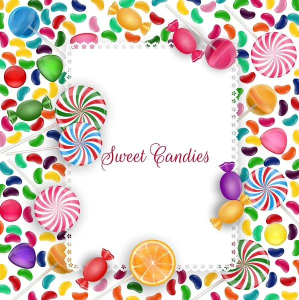 Fondo de caramelo colorido con frijoles jalea, piruleta y rodaja de naranja — Vector de stock