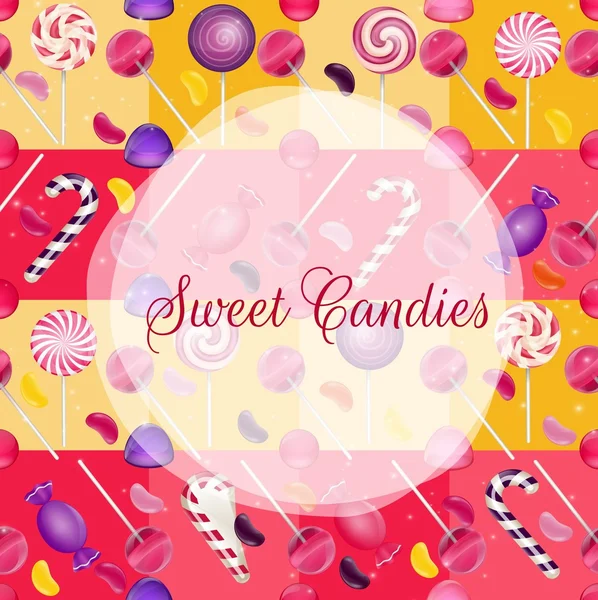 Sweets background with lolipop and jelly beans — Stock Vector