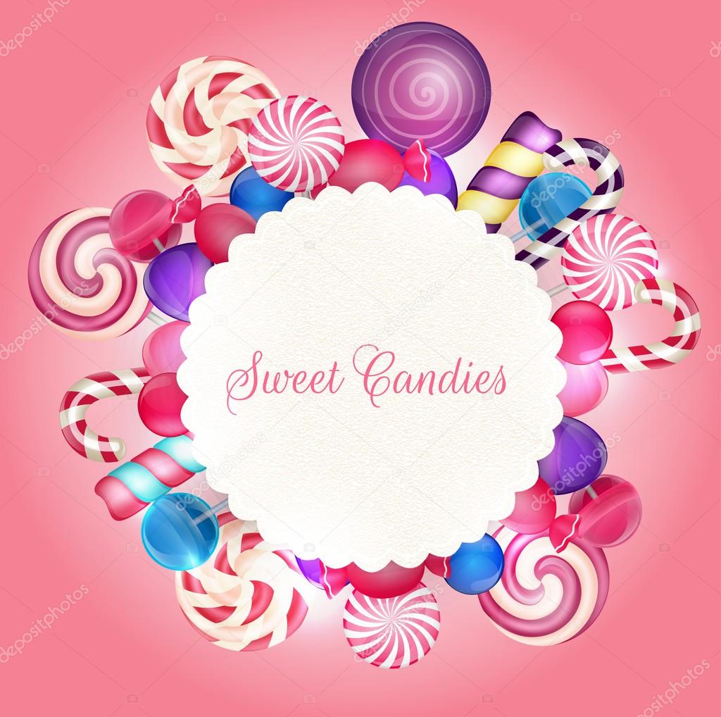 Sweets background with lollipop, candies and ice cream