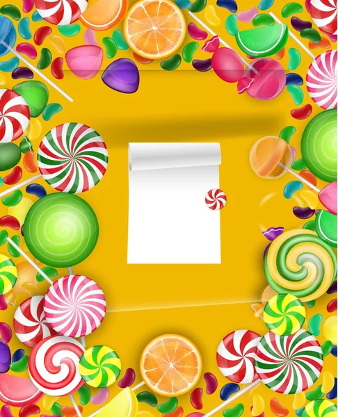 Bunte Süßigkeiten Hintergrund mit Lutscher und Orangenscheibe — Stockvektor