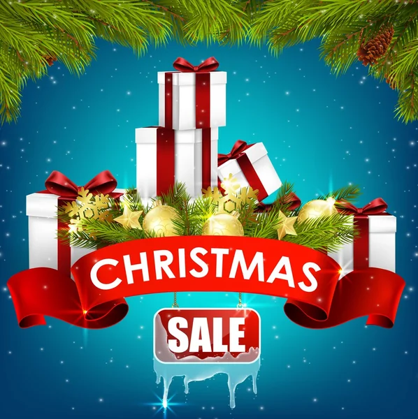 Hediye kutuları, altın top, çam ağacı ve gerçekçi şerit Noel satış arka plan — Stok Vektör