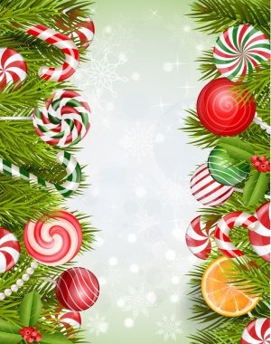 Lolipop, şeker, şeker, Portakal dilim ve çam ağacı ile tatlılar arka plan