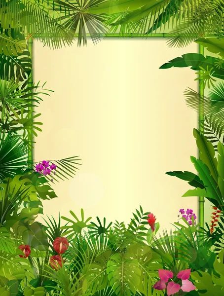 Latar belakang tropis dengan bingkai persegi panjang bunga dalam konsep bambu - Stok Vektor
