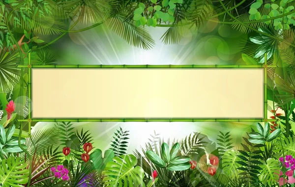 Fondo tropical con marco floral rectángulo en concepto de bambú — Vector de stock