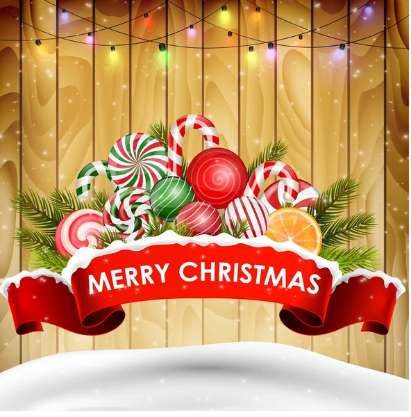 Retro Tasarım poster için arka plan christmas şeker, gerçekçi şerit ve çam ağacı ahşap