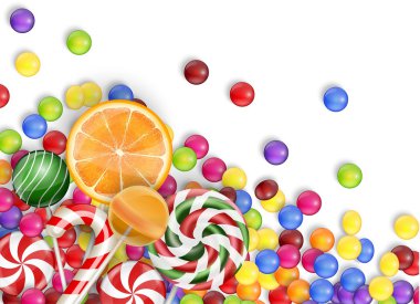 Lolipop, portakal suyu, beyaz bir arka plan üzerinde çilek ile şeker şeker