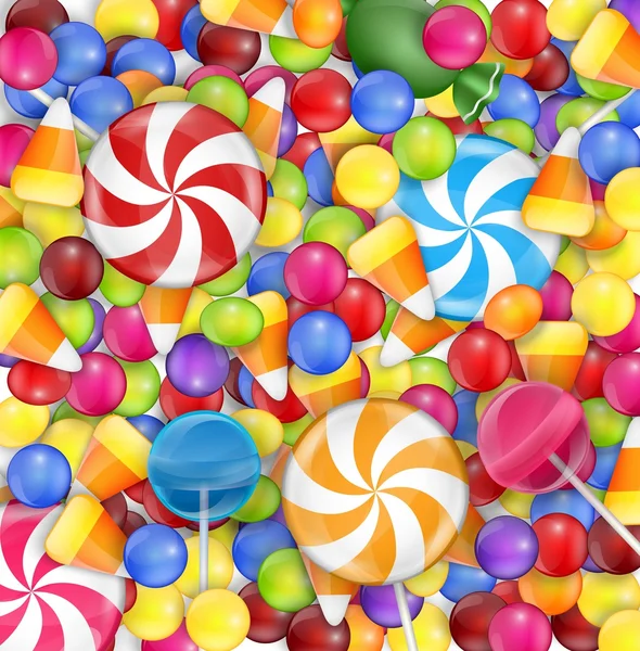 Doces fundo com pirulito, milho doce e gumballs — Vetor de Stock