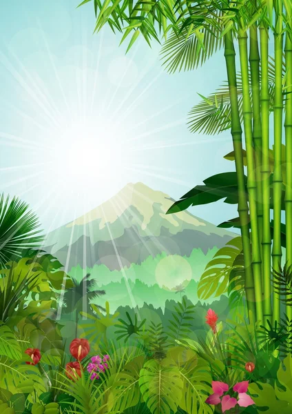 Montañas paisaje de fondo tropical con rayos de sol — Vector de stock