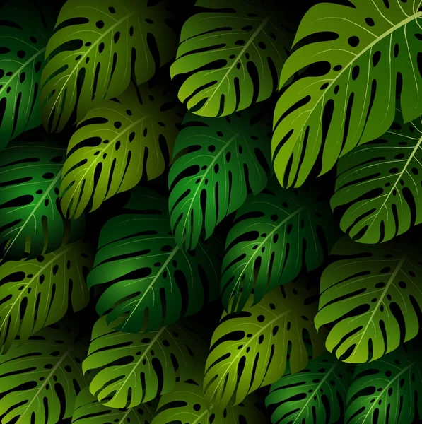 与热带树叶在黑色背景上的异国情调模式 — 图库矢量图片