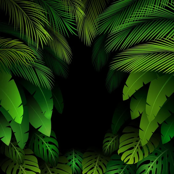 Motif exotique avec des feuilles tropicales sur fond noir — Image vectorielle