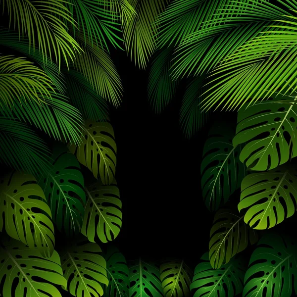 Motif exotique avec des feuilles tropicales sur fond noir — Image vectorielle
