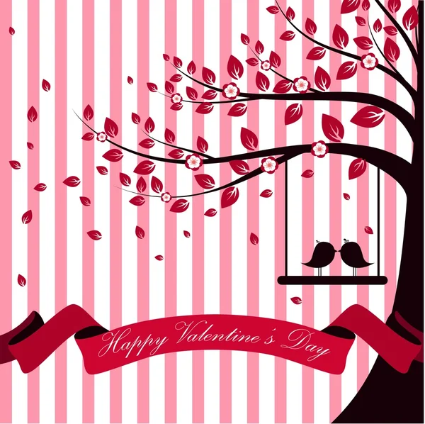 Valentine day with tree autumn and pink ribbon white pink burst background — Stock Vector