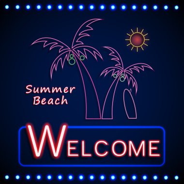 Plaj partisi palmiye ağacı ve güneş ile parlak neon