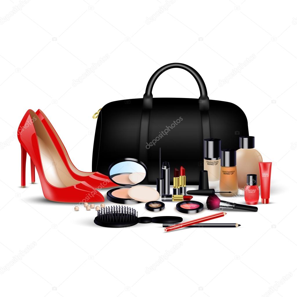 Set of cosmetics background. Stylish girl