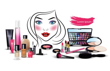 Kozmetik izole arka yüzünde güzel bir kadın ile kümesi