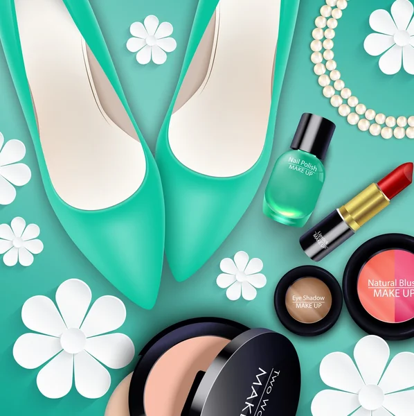 Conjuntos de cosméticos em fundo verde — Vetor de Stock