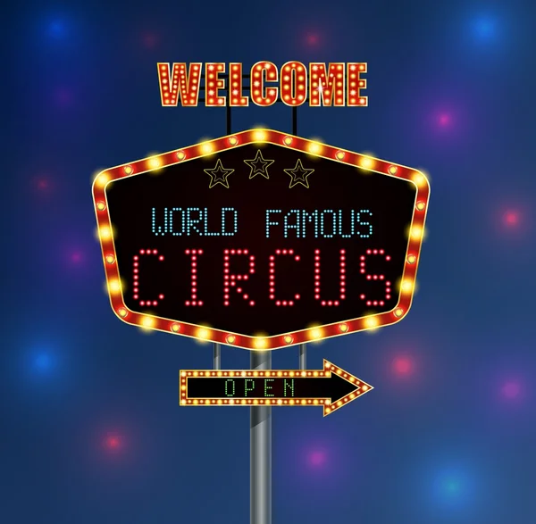 Сяючий фон ретро світловий банер зі словом цирк — стоковий вектор