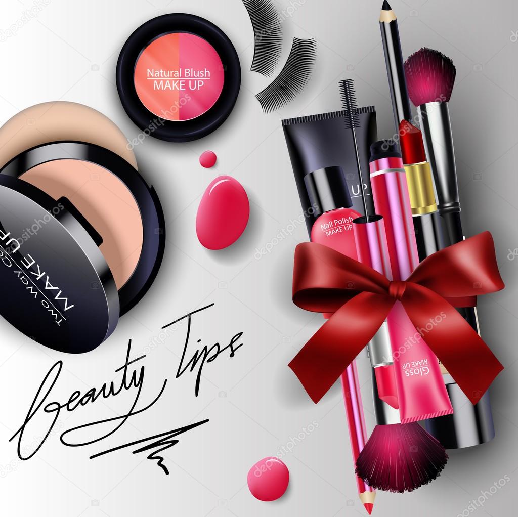 Sets of cosmetics background with red ribbon