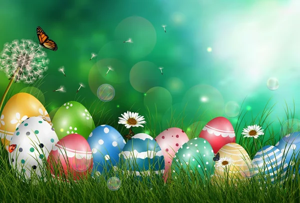 Easter eggs in meadow with sun rays on green background — Stock Vector