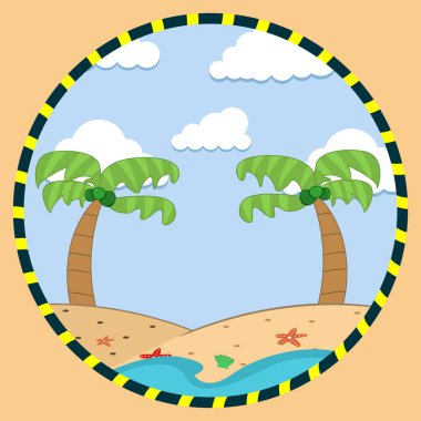 Adanın Hindistancevizi İllüstrasyonu, Yaz Saati Teması ve Plaj Arkaplanı.