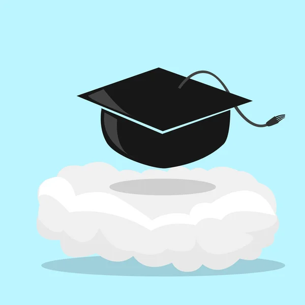 Ilustração Vetorial Graduação Chapéu Nuvem Fundo Cor Azul — Vetor de Stock